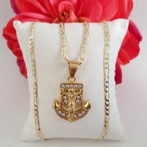Jesus Cross and Anchor Stainless Steel Gold Plated  Necklace